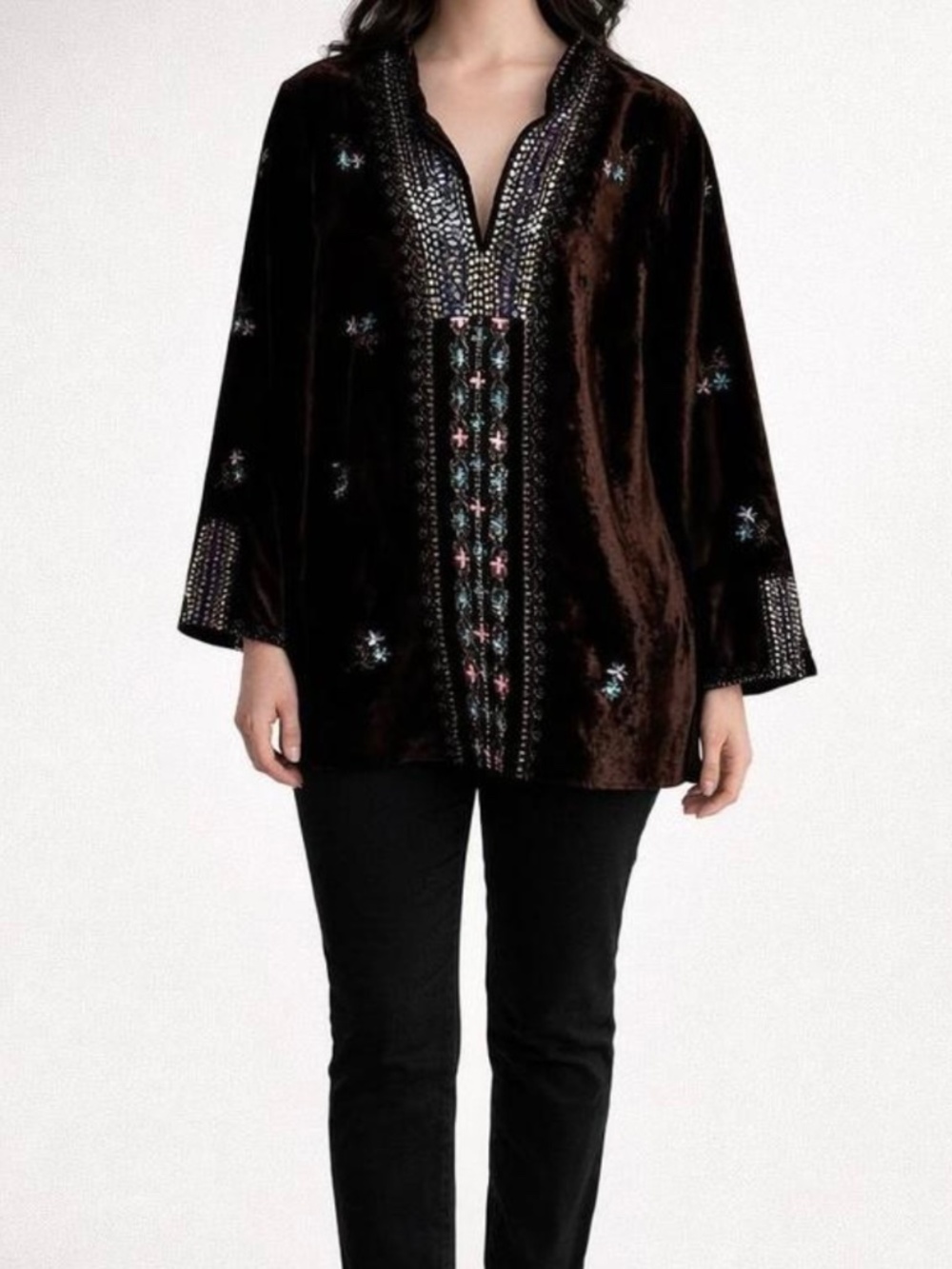 Embroidered Sequin Brown Velvet Tunic Top Blouse